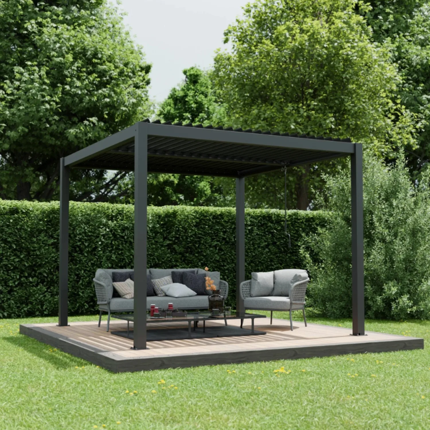 Ximax Shade aliuminė pergola su elektriniu lameliniu stogu ir LED apšvietimu, 3x3 m, tamsia pilka