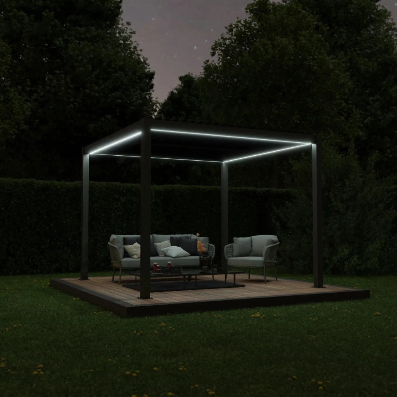 Ximax Shade aliuminė pergola su elektriniu lameliniu stogu ir LED apšvietimu, 3x3 m, tamsia pilka