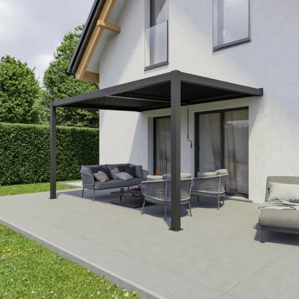 Ximax Shade sieninė aliuminė pergola su reguliuojamu lameliniu stogu , 3x4 m, tamsiai pilka